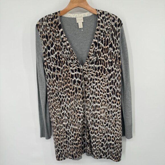 Chico's Leopard Print Open Cardigan Sweater Gray Long Sleeve Women's Size medium - Picture 5 of 10
